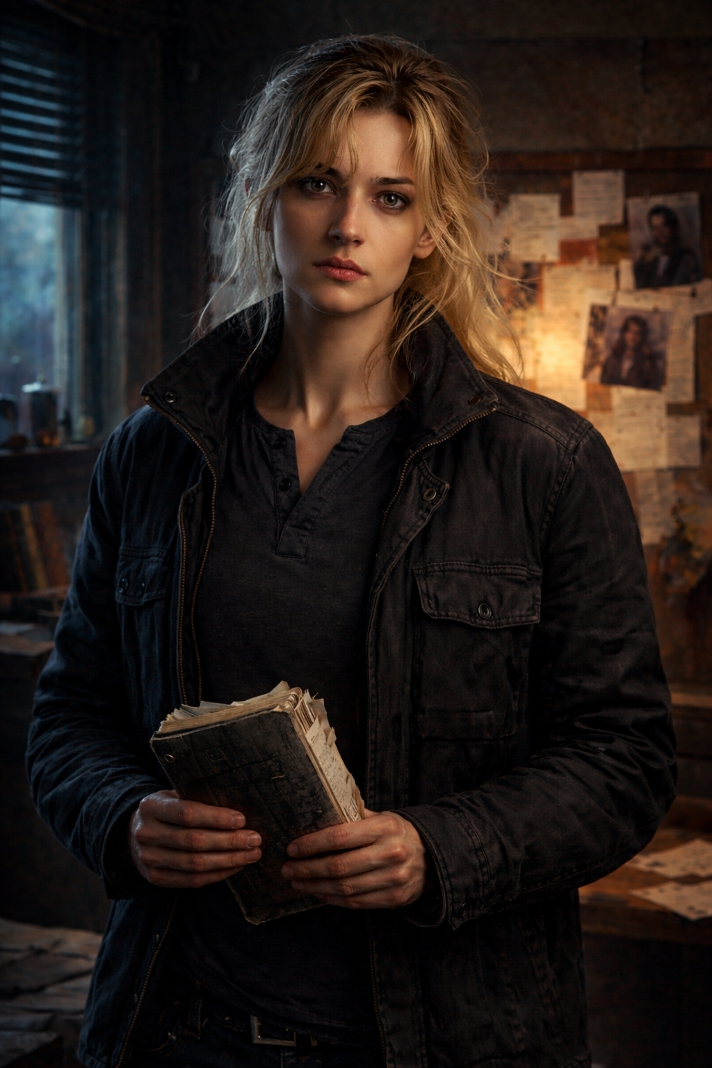 Chanel Ward - A woman with haunted eyes holding a worn journal